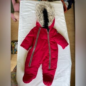 Red Baby Snowsuit with Faux Fur Hood